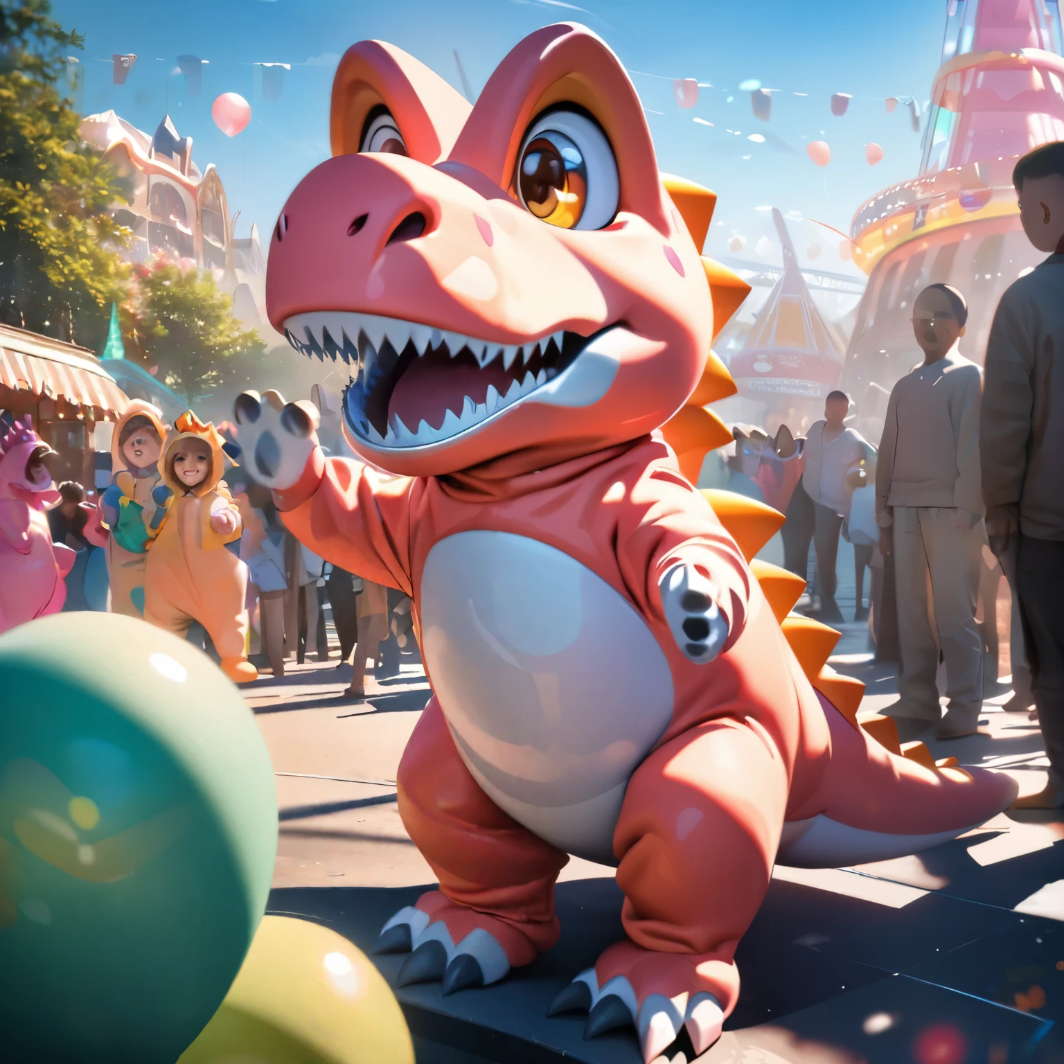 (best quality,8k,highres, masterpiece:1.2), ultra-detailed, HDR, UHD, studio lighting, ultra-fine painting, sharp focus, physically-based rendering, extreme detail description, professional, vivid colors, bokeh, portraits, concept artists, warm color palette, dramatic lighting,Amusement park on a sunny day, attendants in pink dinosaur costumes, smiling children around dinosaur costumes, attendants holding a bunch of balloons, sunny blue sky, people smiling, people playing on playground equipment in the background,