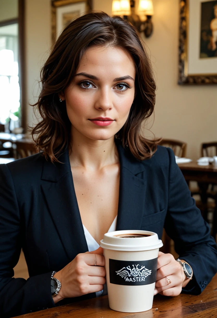 (16k, best quality, masterpiece:1,2), (realistic, photo-realistic:1,37), ultra quality, masterpiece, a beautiful woman, want to drink coffee, a coffee cup, elegant style. american women's style, clean white skin, beautiful eyes, medium hair, wears a watch, UHD, ultra detailed