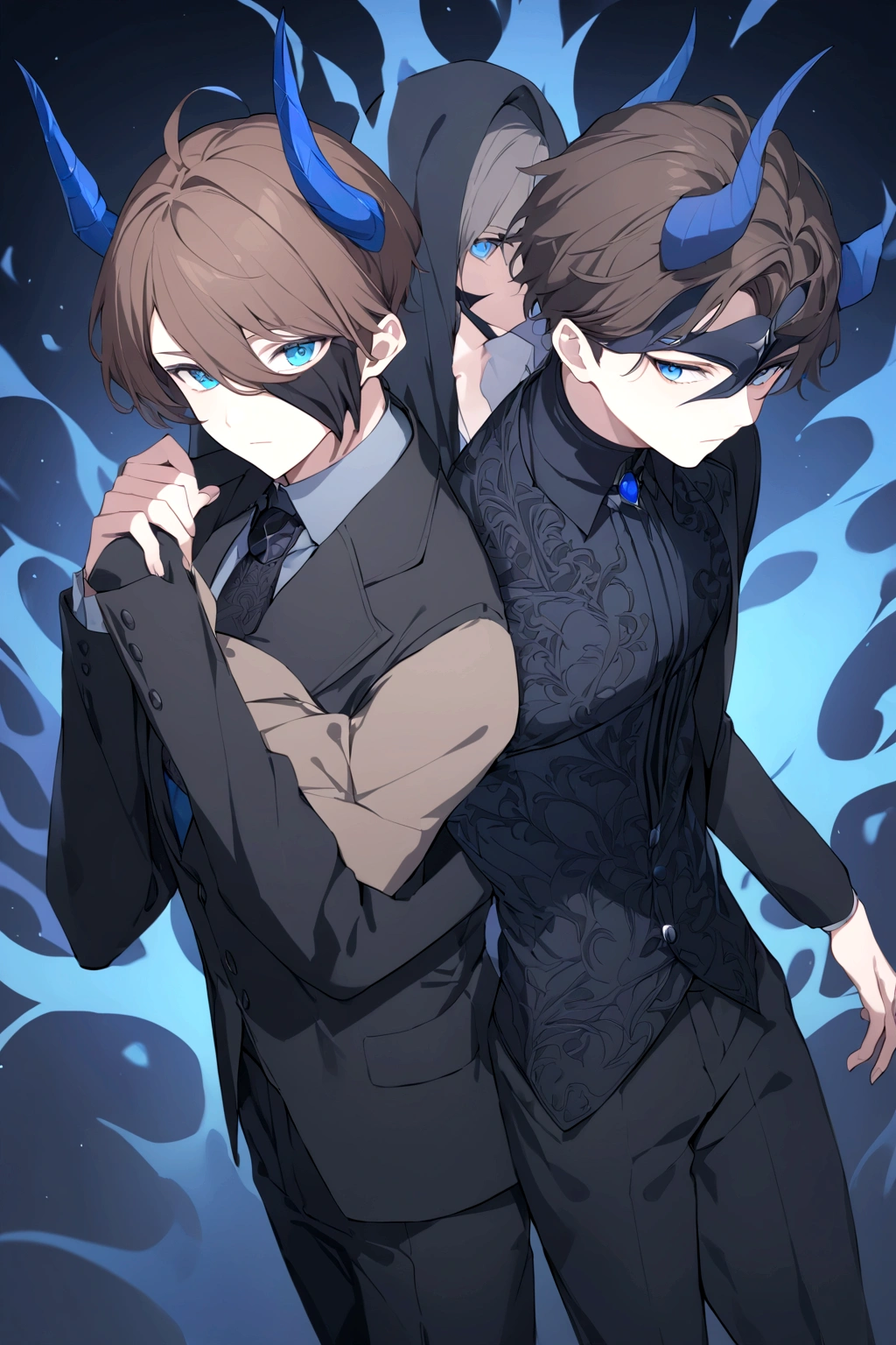 (man in half mask on the left side )(blue color)(blue eyes) brown hair)(blue horns)(Dressed in black)(Short haired)