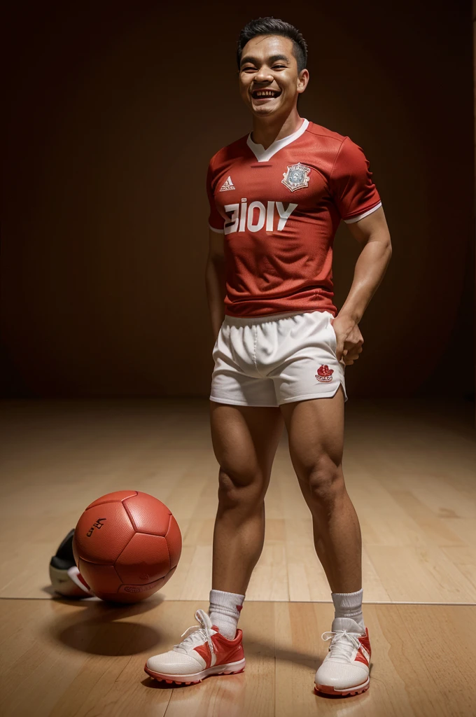 Hyperrealistic 4D caricature of Indonesian man, laughing face, bigger head, small and short body, wearing a red football shirt, white shorts and football boots, the man is standing on a wooden block, hands on his waist, next to him is ball, black background with low lighting, 3d rendering photo, photography portrait