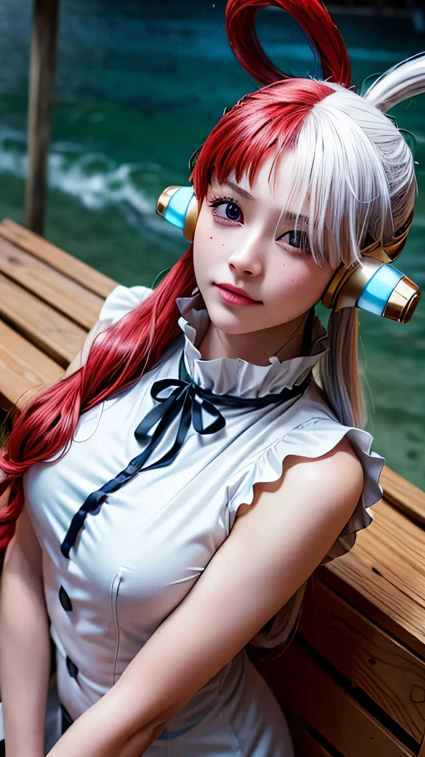 Masterpiece Uta, one piece \(set\), anime art style, Masterpiece, setเดรสสีขาวหรูหรา, long red and white hair, one woman, alone, earphones, conjunctivitis, looking at the audience, Beautiful face, detailed face, gag, photograph: intermediary, Elbow arm, Eyes visible through hair, Medium bust, V shaped eyebrows, Detailed background, Fully dressed.,outdoor, pirate ship, void, (Awesome details), (8K, complicated), (85mm), Particles of light, day, whole body, (very detailed:1.2), (Gradation), NRF, colorful, (Detailed background), (Third rule_component:1.3), (Course of action:1.2), daylight, alone