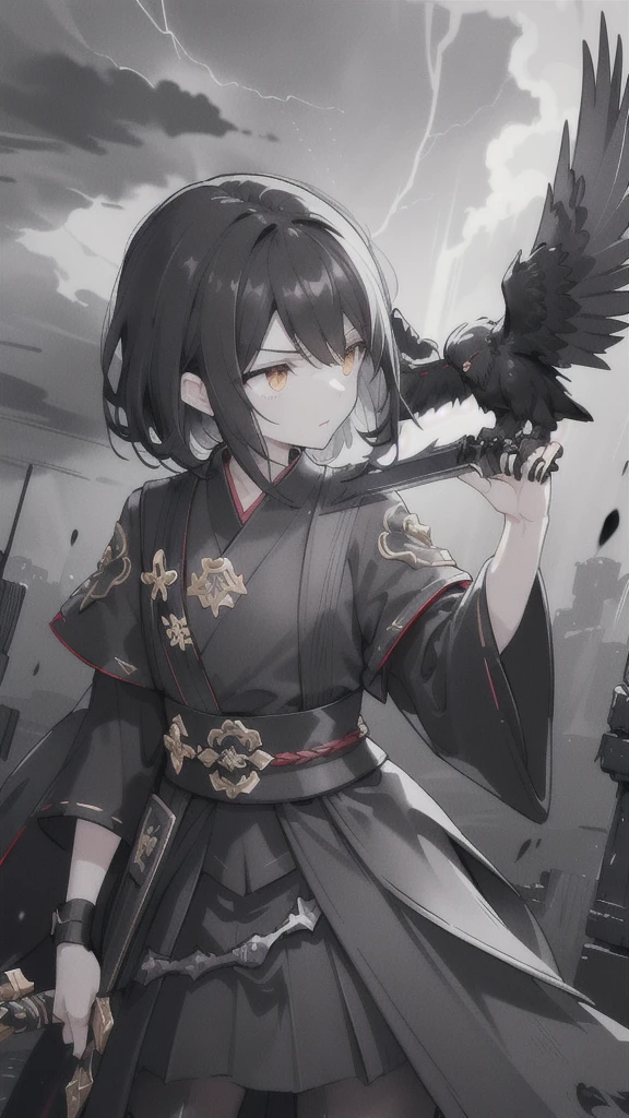 (dark hair,short black hair),(golden eyes),(black hanfu,black armor),(ink black longsword),(ravens),(high contrast,monochrome,black and white),(mystery,ominous),(stormy atmosphere,thunderstorm),(dramatic lighting),(detailed textures),(dynamic pose),(dark background)