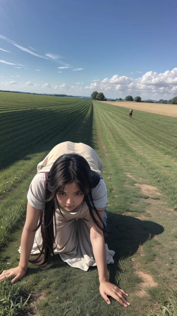 I want handcuffs lying on the floor, She has her chains broken and is on a green field, and far ahead a man wearing a white tunic walking, and a sun shining in front of you on the horizon