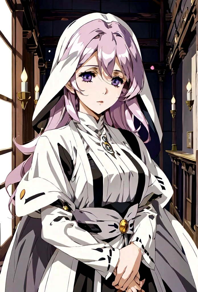 anime styling, best quality, pale white woman, Very Long Pastel Pink Hair, some wavy locks, bangss, purples eyes, nun, dressed in royal clothes in black and white tones full of golden details, body covered. Ela está orando com uma serious expression no rosto. The background must be illuminated by a holy light, with light particles floating in the air, to create a serene and spiritual environment. Medieval RPG theme. Whole body standing. Concept Art, Pose Model Sheet, from front view, lateral view, happy expression, serious expression, sad expression.
