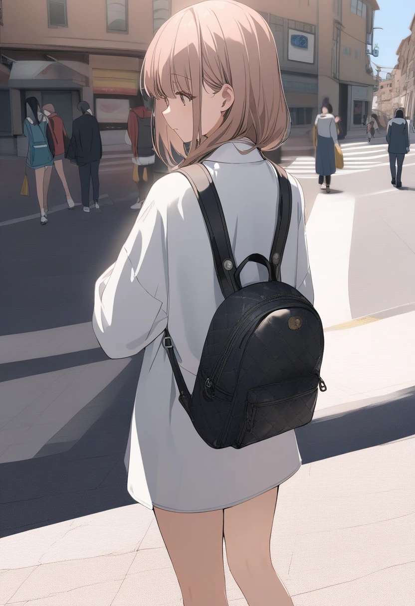 One girl, Medium chest,,
wait,bag, Backpack, From behind, Movie angle, Looking to the future, Severe, roma city, Mouth closed,
Highest quality,medium quality,