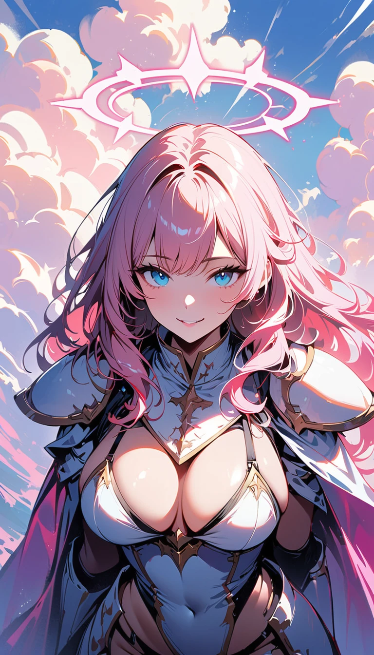 (high quality, 8k, 4K, high contrast, artwork:1.2, high quality, best aesthetics), (centralized), ((1 woman)), erotic, sensual, mature body, super detailed, beautiful face detailed, beautiful eyes detailed, detailed beautiful mouth, sexy body, perfect breats, light pink hair, long light pink hair, wavy light pink hair, blue eyes, white medieval armor with sexy pink details, shoulder pads, long white cape, pink angel halo, smiling, calm facial expression, standing erect, looking at the viewer, centered, above the clouds, clear sky.