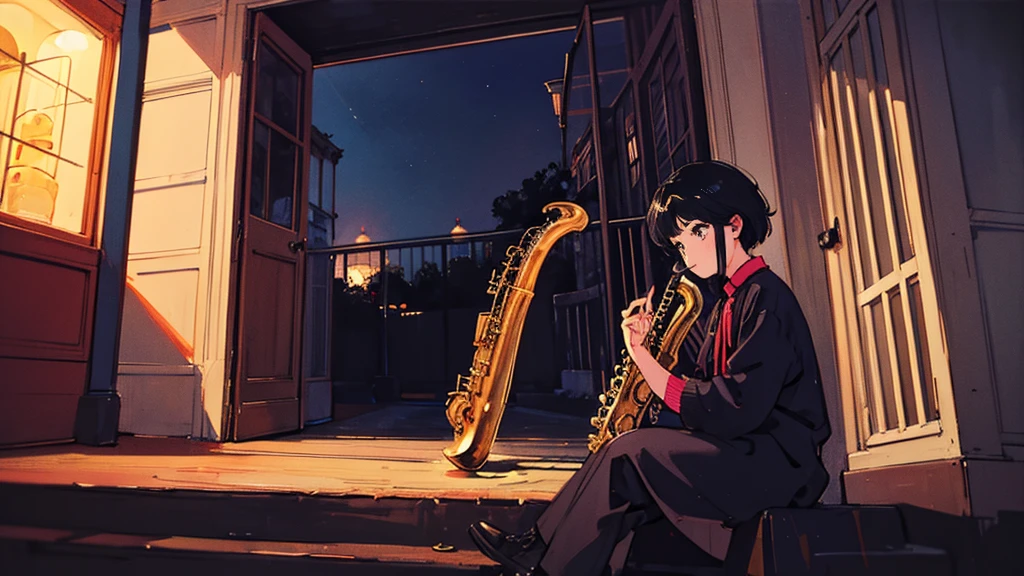 Shadow of a girl playing the saxophone、dark、night、深night、Ancient Capital