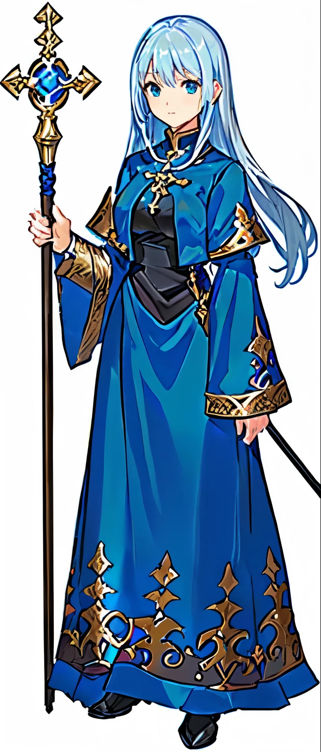 Woman in blue dress holding cane and cane, Final Fantasy Tactics characters, clergyman, magician, Granblue Fantasy, Priestessess, female clergyman, Fire emblem, Blue Cape, destiny / Stay Night, human :: magician, Visual Novel Sprites, Kirokaze pixel art, destiny grand order, made in rpg maker, female magician, JRPG Characters, RPG character art, Full body concept, detailed Full body concept art, ( ( Character Concept Art ) )
