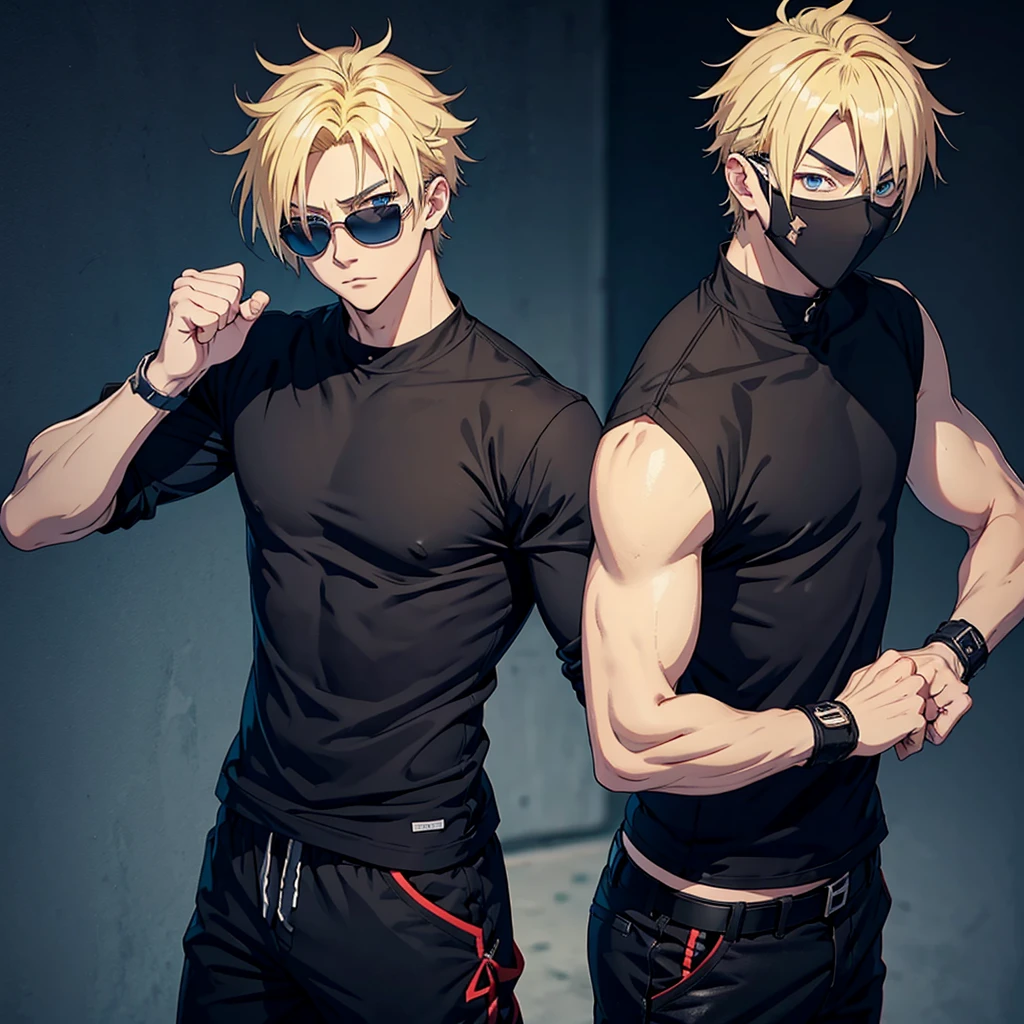 Anime male character with casual clothes but ninja clothes, blonde hair, sunglasses and his fists have bandages