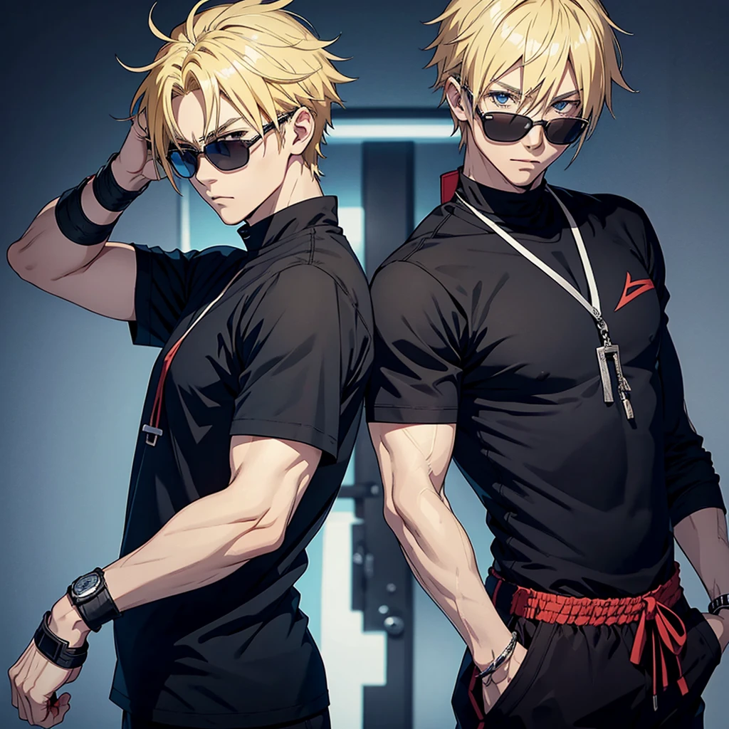 Anime male character with casual clothes but ninja clothes, blonde hair, sunglasses and his fists have bandages