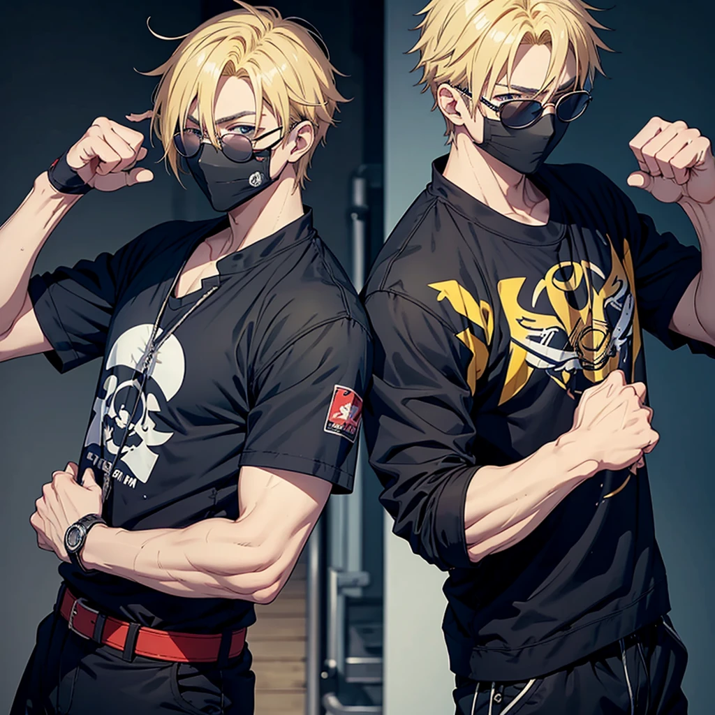 Anime male character with casual clothes but ninja clothes, blonde hair, sunglasses and his fists have bandages