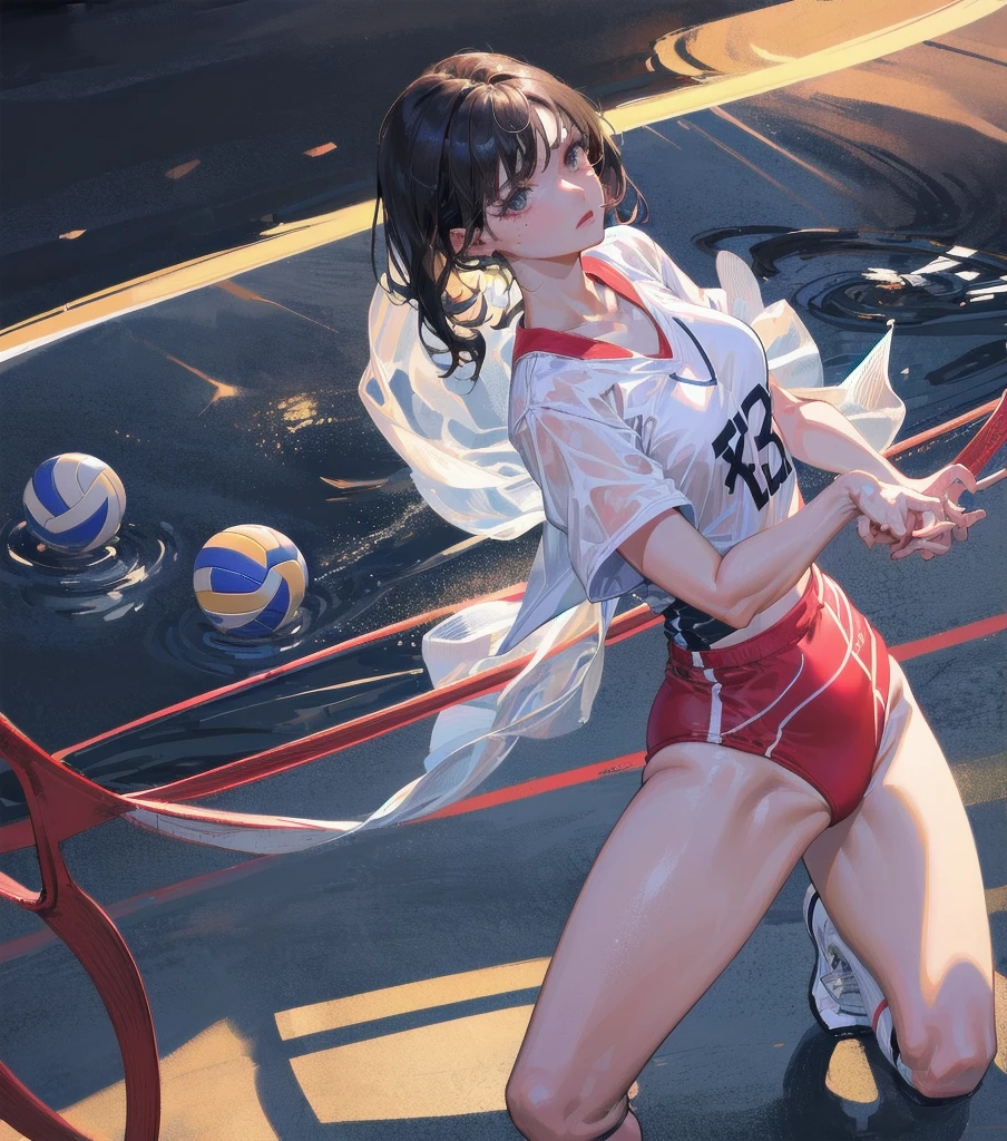 absurdres, RAW photo, extremely delicate and beautiful, masterpiece, Best Quality, ultra high resolution, 32k, hyperrealistic, ultra-detailed, Very detailed CG 8k wallpaper, Beautiful Lighting, Perfect Lightning, Realistic Shadows, perfect ???????, super Detailed skin, perfect figure, Japanese woman, late 20s, very Slim body, narrow waist, very small head, handsome detailed woman, very detailed eyes and face, realistic face proportions, Stunning detailed eyes, Realistic beautiful face, very small face, Realistic small beautiful eyes, tearful mole, earring, bare legs, beautiful and very thin legs, beautiful and very thin thighs, medium breasts, full body shot, medium hair, black hair, (volleyball Jersey:1.2), (shorts:1.2), t-shirt,