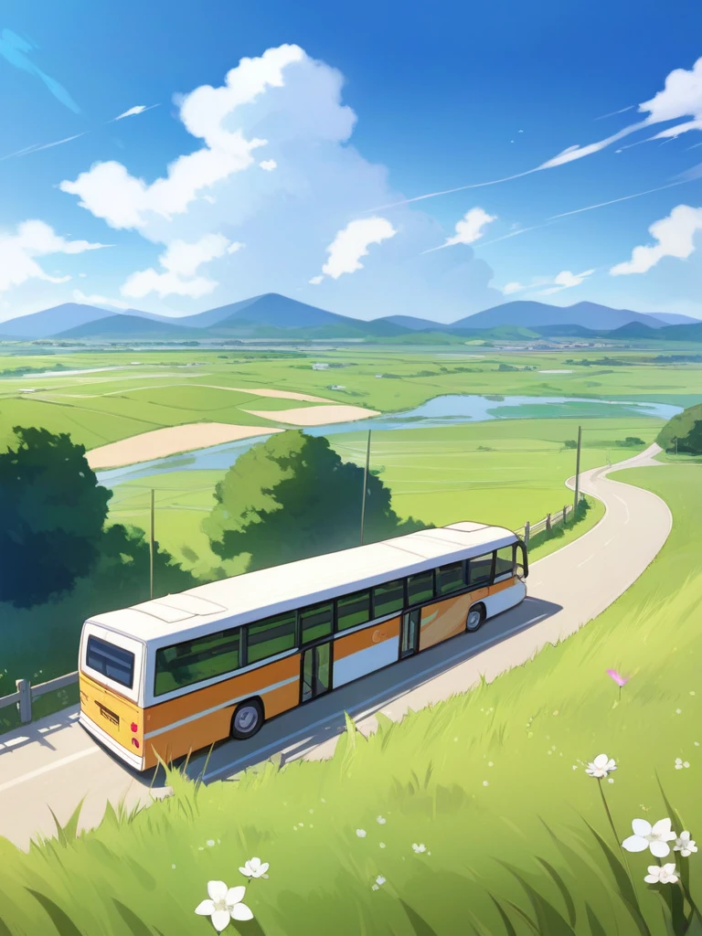 masterpiece, Highest quality, Rural folk background, grassland, Bus on the road, peaceful, the wind is strong, summer, Daytime、Real