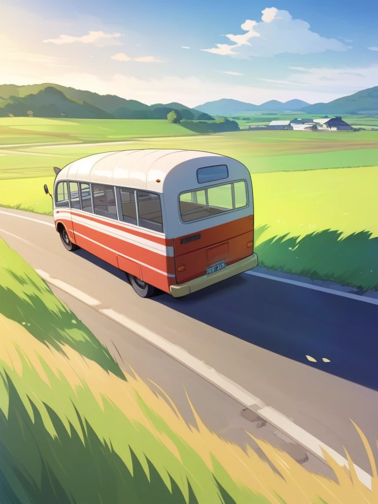 masterpiece, Highest quality, Rural folk background, grassland, Bus on the road, peaceful, the wind is strong, summer, Daytime、Real