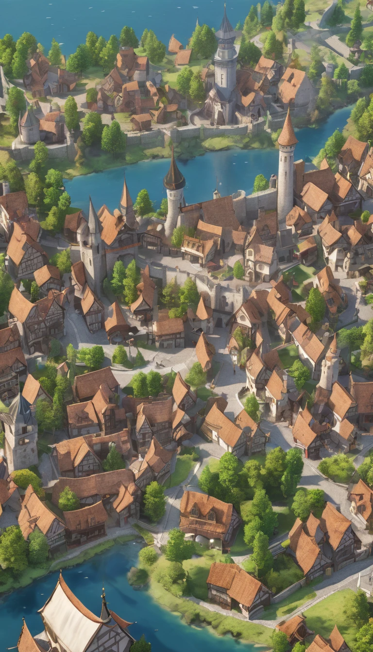 Medieval fantasy town map, anime, From above, Panorama, Super detailed, high quality, Attention to detail, Awards, 最high quality, High resolution, 8K