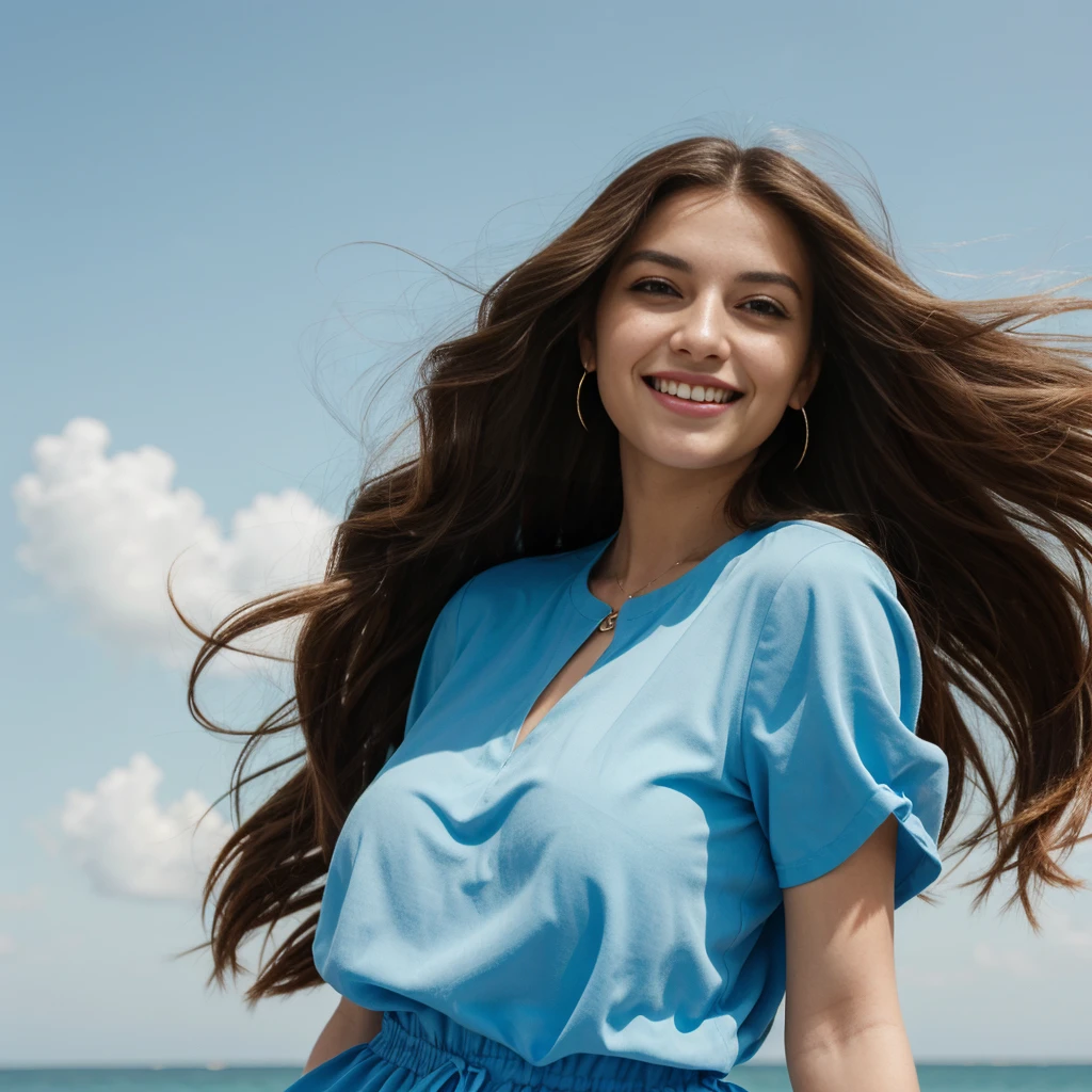 a woman with long hair in wind, in the style of pop inspo, blue lingery, smiling, Full body shot, mario testino, close up, soft and dreamy, sky-blue and brown