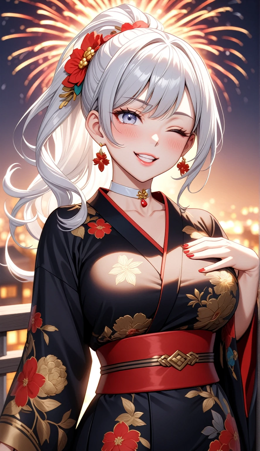 ((One personの女性)), Beautiful Face, (Laughing embarrassedly), (laugh:1.2),((Wink:1.9)), (head tilt:1.3), Laugh with your mouth wide open, upper teeth, ((Bright red cheeks:1.4)),Glossy Red Lips,rooftop, firework, Glossy red lips, Shining Face, ((Anime style background)),masterpiece, Highest quality, so beautiful,up to date, Complex details, (Pink long nails),(ring),(bracelet),(Floral choker),AI-generated, Complex,High resolution, Highest quality, super high quality,3D Images、3D Images,One person,Long white hair,High Ponytail, Anime woman posing for a photo,(blue eyes), ((Fine grain、Silvery white colorful eyes、Shining Eyes:1.4)), (Squint your eyes:1.1),a hyperRealistic , hyperRealistic , Realistic,Anime woman with long white hair, Smooth anime CG art, A woman in a colorful kimono with gold embroidery, (Black long sleeve kimono),Red floral pattern,Long flower hair ornament,Earrings,Mature Body,(Big Breasts:1.1),Tall,Abdominal muscles,Tight waist,(Zoom up to face:1.4), (front view),