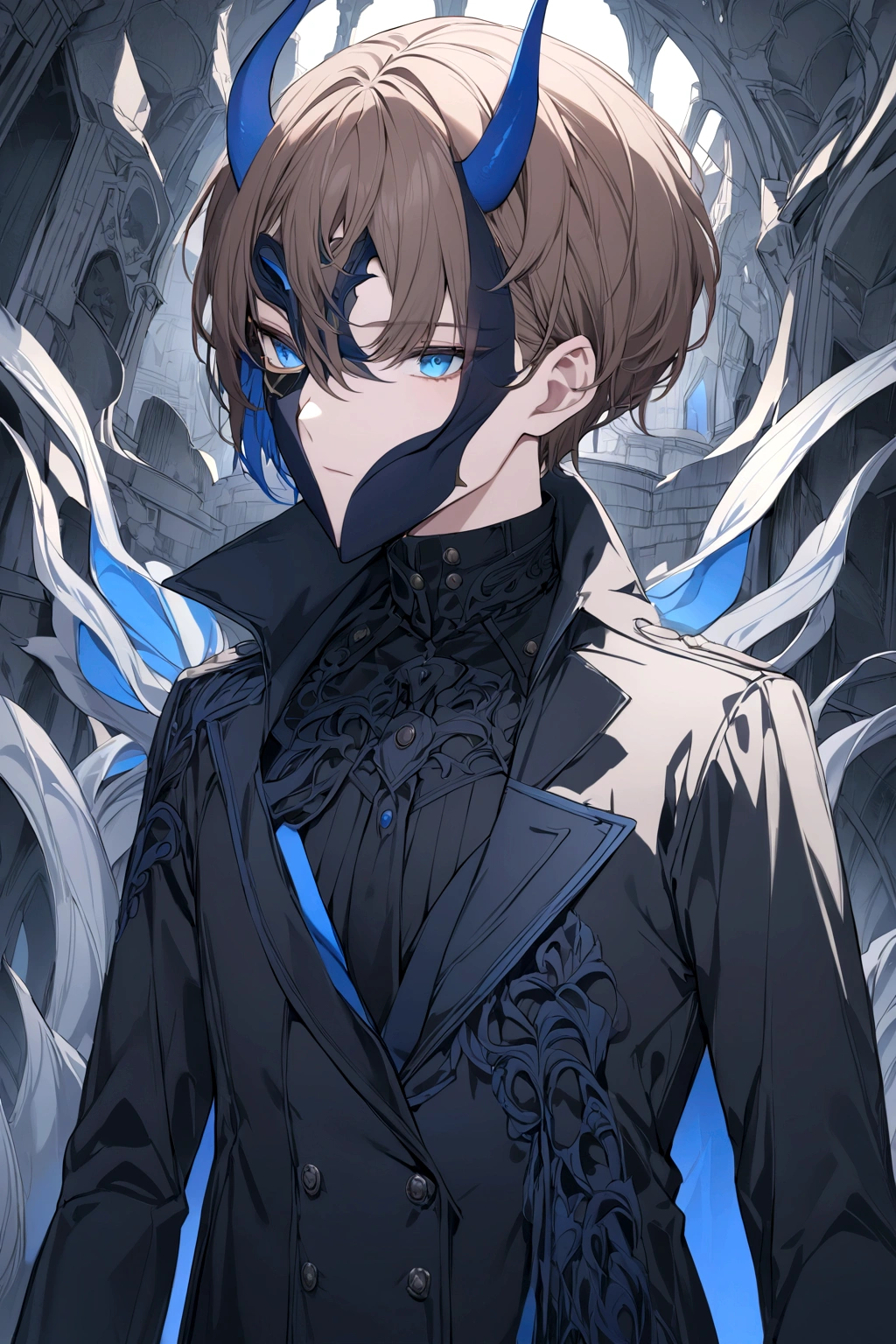 (man in half mask on the left side )(blue color)(blue eyes) brown hair)(blue horns)(Dressed in black)(Short haired)