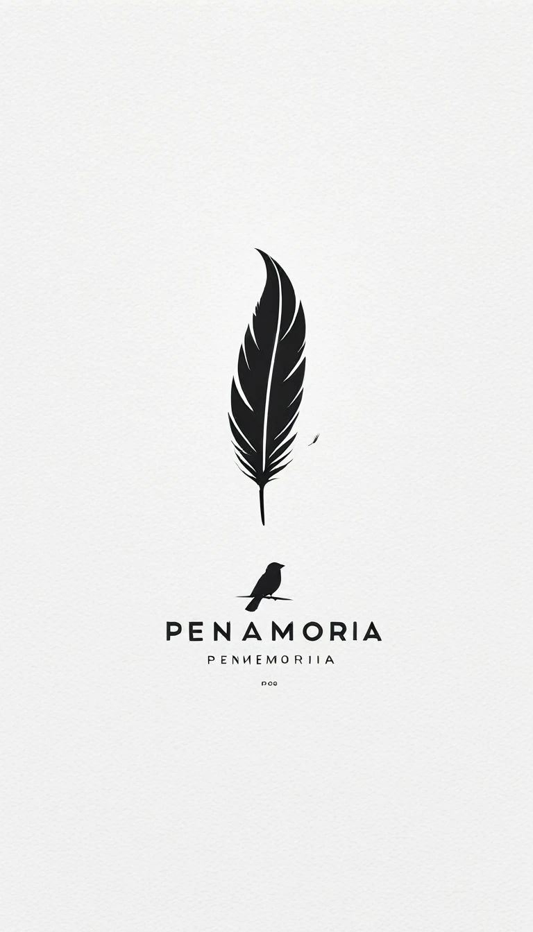 A minimal, modern, simple, cinematic logo design for the brand “Penamemoria". Create a modern, minimalistic, high-quality, logo of a bird feather