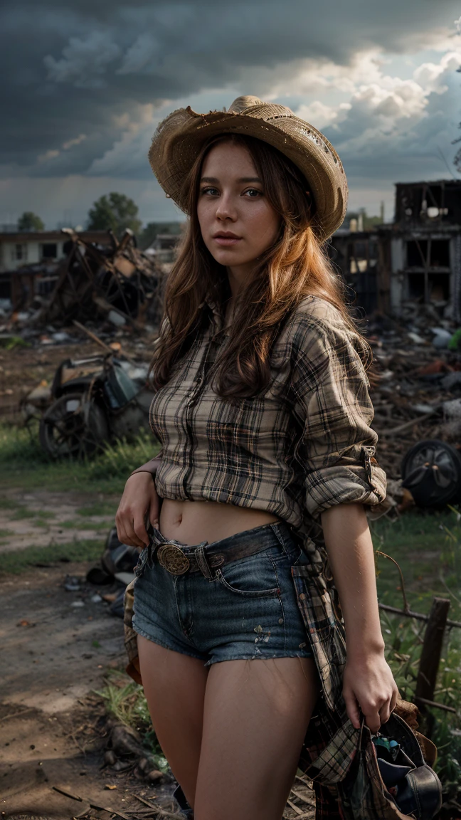 Masterpiece, Of the highest quality, Colorful cinematic lighting, peach farmer portrait photography with overflow [Orange|yellow] Hair, With fitted red plaid flannel shirt, Daisy Dukes, embellished leather cowboy boots, (wearing cowboy hat), (Perfect face:1.1), standing under a peach tree in rolling pastures, Sunset in the background, dappled light, romantic, HDR, Very detailed, Hasselblad, 8k, Hyper realistic, shot at eye level, F1.4 opening, 8mm film grain, Cinestill 800, in the background a city in ruins, collapsed buildings, rusty vehicles, debris everywhere, dark and cloudy skies, smoke and ashes floating in the air