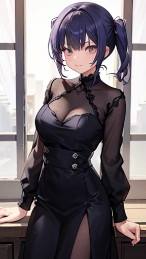 I'm Yoshiko, I'm a white-skinned woman with long purple hair and light green eyes. I am 1.68 cm tall and weigh 56 kg, my breasts measure 310 cm, my waist 60 cm and my hips 200 cm. Dressed in a short black dress with a heart-shaped neckline and double slit. With big breasts 310 cm
