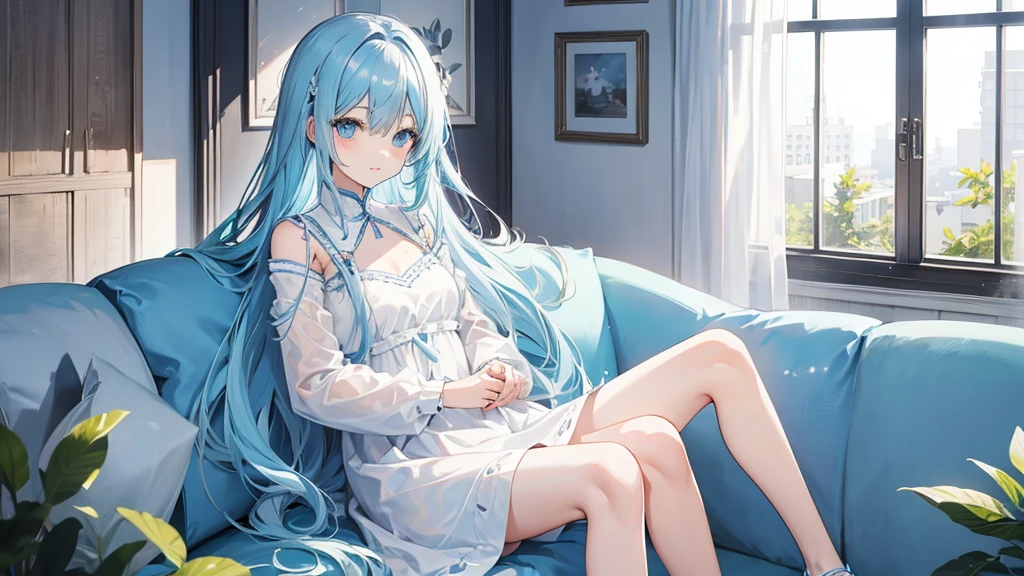 Light blue hair、Light blue eyes、Long Hair、cute、Sitting on the couch、laugh、Wearing a white dress、