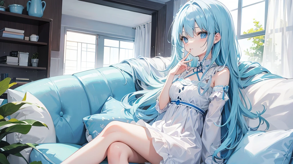 Light blue hair、Light blue eyes、Long Hair、cute、Sitting on the couch、laugh、Wearing a white dress、