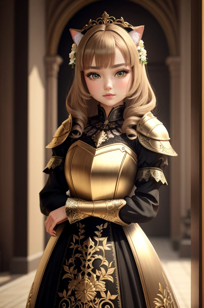 cute mix cat wearing knight armor with detailed floral ornament, beak, 1boy, big eyes, chibi, Photorealistic, Hyperrealistic, Hyperdetailed, analog style, hip cocked, demure, low cut, black lace, detailed skin, matte skin, soft lighting, subsurface scattering, realistic, heavy shadow, masterpiece, best quality, ultra realistic, 8k, golden ratio, Intricate, High Detail, film photography, soft focus