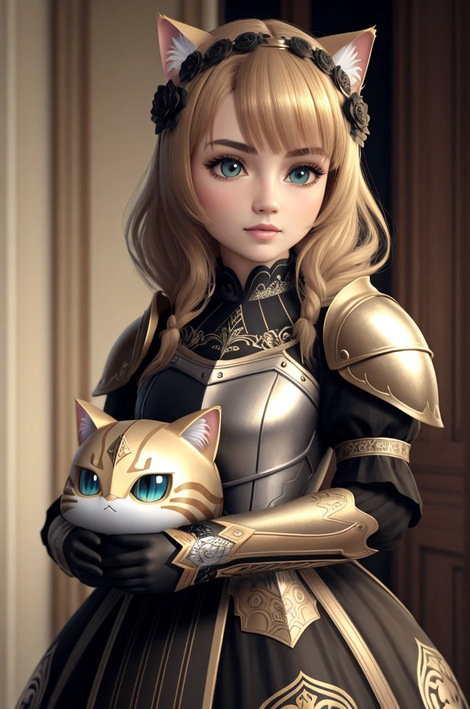 3dcreature cute tabby cat wearing knight armor with detailed floral ornament, beak, 1boy, big eyes, chibi, Photorealistic, Hyperrealistic, Hyperdetailed, analog style, hip cocked, demure, low cut, black lace, detailed skin, matte skin, soft lighting, subsurface scattering, realistic, heavy shadow, masterpiece, best quality, ultra realistic, 8k, golden ratio, Intricate, High Detail, film photography, soft focus