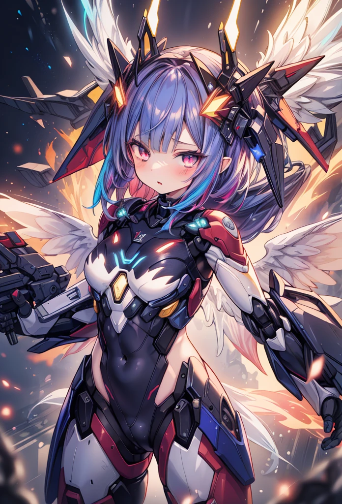 (masterpiece:1.2), best quality, high resolution, extremely detailed CG, absurdres, highres, 1girl, mecha girl, colorful light particles arounded, glitter, glowing wings, (((vivid color))), ((doyagao)),  karukan \(monjya\)