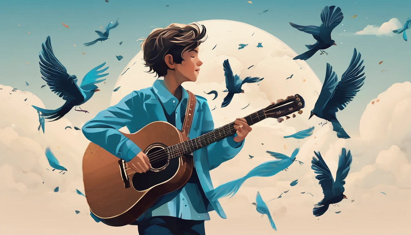 Create a professional, fantastic, cinematic Youtube Banner for a brand about music and stories called " Penamemoria". Masterpiece, 4k, sharp focus, highest quality,wide shot. The title is " Penamemoria". Is a brand about the creative, unique journey of a boy into becoming a musician storyteller. In his journey he finds inspiration in a world of birds and feathers. Minimalistic, simple, poetic, dreamy logotype at the center of the image. The Background image is a world full of fantastic feathers, unique birds, light blue sky, and a boy running happily into the horizon with an acoustic guitar in his right hand. Boy running against the wind, almost simulating like he is flying