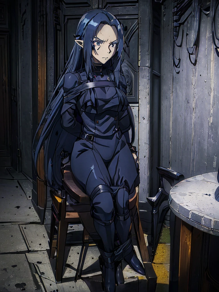 ((( masterpiece ))) ((( background : evil lair : high tech equipment : im a creepy room : a couple of guards ))) ((( dark blue hair,,long hair,blue eyes,pointy ears,elf: black skintight spy suit : bound to a chair : captured : serious : hands tied behind : leg tied )))