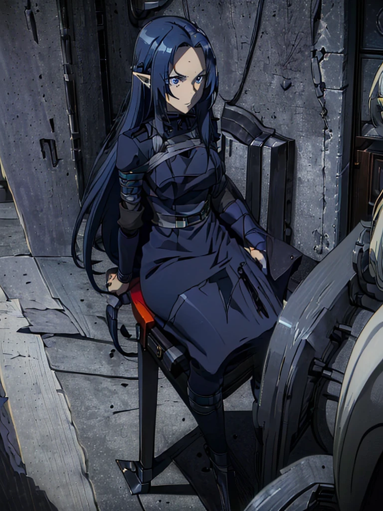 ((( masterpiece ))) ((( background : evil lair : high tech equipment : im a creepy room : a couple of guards ))) ((( dark blue hair,,long hair,blue eyes,pointy ears,elf: black skintight spy suit : bound to a chair : captured : serious : hands tied behind : leg tied )))