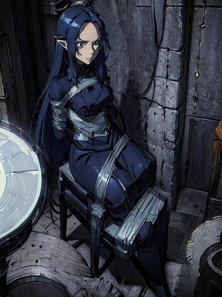 ((( masterpiece ))) ((( background : evil lair : high tech equipment : im a creepy room : a couple of guards ))) ((( dark blue hair,,long hair,blue eyes,pointy ears,elf: black skintight spy suit : bound to a chair : captured : serious : hands tied behind : leg tied )))