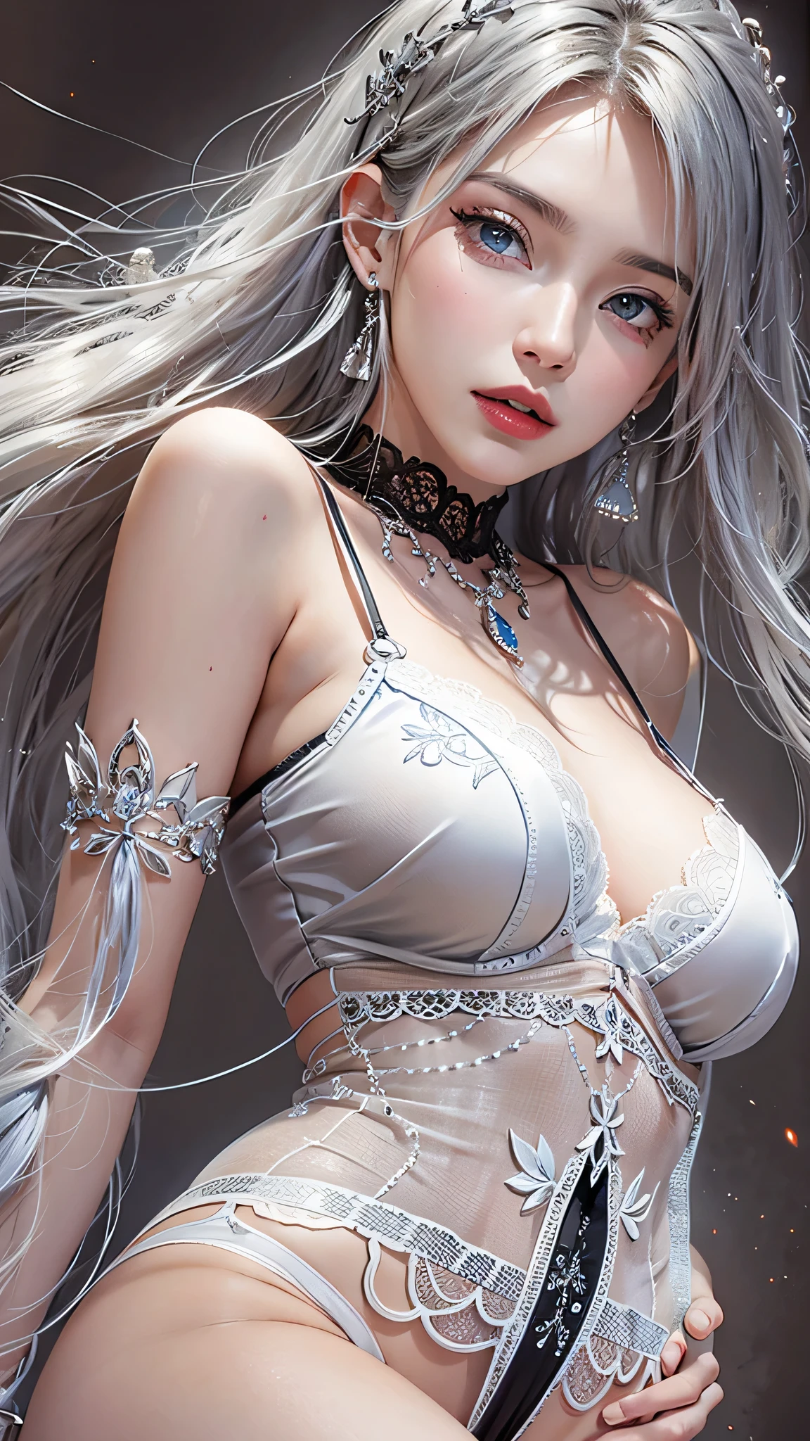 Photorealistic, High resolution, softlight, 1girl in, Solo, hips up high, Blue eyes, (silvery white straight long hair), Red lips, black lace sexy lingerie, hips up high, Jewelry,