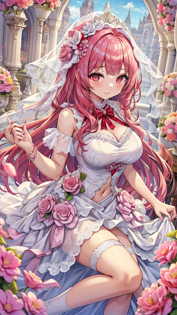 Masterpiece、Highest quality、Super detailed、1 girl、(Big Tits)、Fluffy and soft long hair、Red-pink eyes、Cleavage、(Showing underboob)、smile、Oversized bust wedding dress、Lace veil、Pale pink hair、Ribbons and lace、