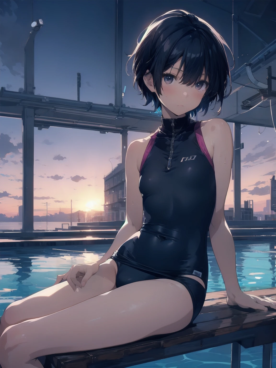 ultra-Top-quality by art God, ultra-detailed, high resolution, shinkai makoto style, anime moe artstyle, best anime 8k konachan wallpaper, pixiv contest winner, perfect anatomy, break,(Please draw a picture of a girl in a swimsuit sitting sleepily on a bench by the poolside alone.),break, a hyperrealistic school girl, (Solo,lolita, , 13-ar-1.3),l limbs, complete fingers, androgynous charm, (very short hair), wet hair, small breasts,slender body, Small butt, groin, Small black eyes,hanme,beautiful detailed eyes, well-proportioned iris and pupils, sleepy eyes, highres detailed hair, swimsuit, wet swimsuit, bare shoulders, thighs, in the school pool. break,super detailed skin, shiny skin, Best lighting powered by famous artist, 8k, illustration,UHD, textured skin,break,((artist:saiguchi_otoufu )), artist:clamp ,artist:carnelian ,artist:kantoku ,