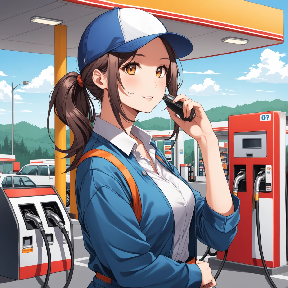 Girl working at a gas station, Girl in a cap