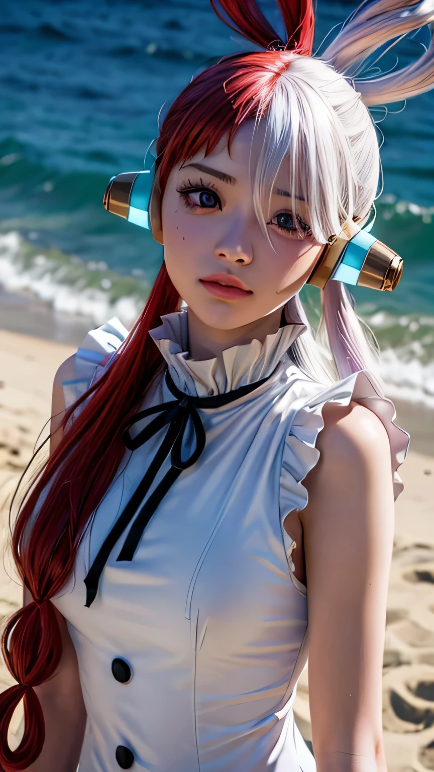 Masterpiece Uta, one piece \(set\), anime art style, Masterpiece, setเดรสสีขาวหรูหรา, long red and white hair, one woman, alone, earphones, conjunctivitis, looking at the audience, Beautiful face, detailed face, gag, photograph: intermediary, Elbow arm, Eyes visible through hair, Medium bust, V shaped eyebrows, Detailed background, Fully dressed.,outdoor, beach, void, (Awesome details), (8K, complicated), (85mm), Particles of light, day, whole body, (very detailed:1.2), (Gradation), NRF, colorful, (Detailed background), (Third rule_component:1.3), (Course of action:1.2), daylight, alone