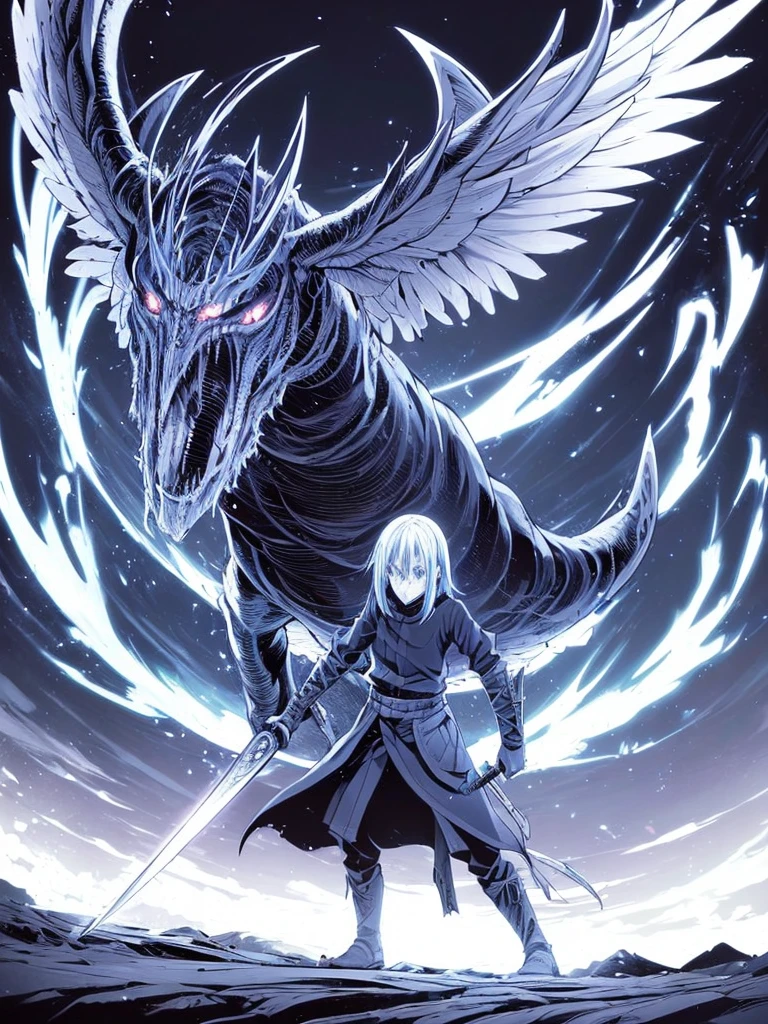 a demon winged Rimuru, exquisitely detailed and realistic, masterfully wielding a sword emerging from a portal, ultra-detailed, vibrant colors, chiaroscuro lighting, cinematic composition, dramatic atmosphere, dark fantasy, epic fantasy art