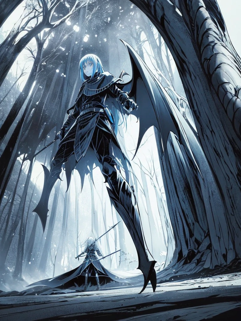 a demon winged Rimuru, exquisitely detailed and realistic, masterfully wielding a sword emerging from a portal, ultra-detailed, vibrant colors, chiaroscuro lighting, cinematic composition, dramatic atmosphere, dark fantasy, epic fantasy art