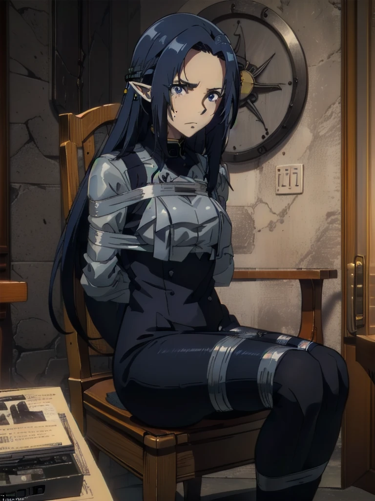 ((( masterpiece ))) ((( background : evil lair : high tech equipment : im a creepy room : a couple of guards ))) ((( dark blue hair,,long hair,blue eyes,pointy ears,elf: black skintight spy suit : bound to a chair : captured : serious : hands tied behind : leg tied )))