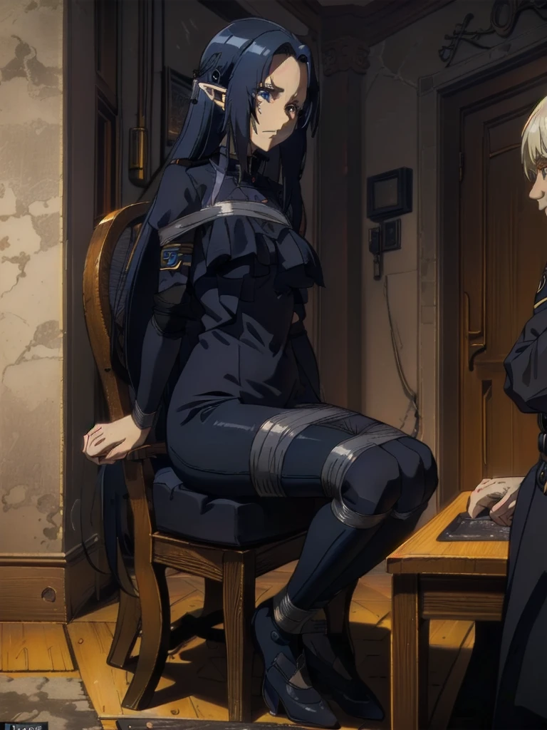 ((( masterpiece ))) ((( background : evil lair : high tech equipment : im a creepy room : a couple of guards ))) ((( dark blue hair,,long hair,blue eyes,pointy ears,elf: black skintight spy suit : bound to a chair : captured : serious : hands tied behind : leg tied )))