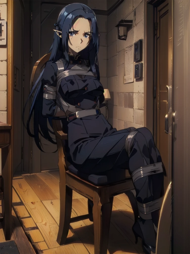 ((( masterpiece ))) ((( background : evil lair : high tech equipment : im a creepy room : a couple of guards ))) ((( dark blue hair,,long hair,blue eyes,pointy ears,elf: black skintight spy suit : bound to a chair : captured : serious : hands tied behind : leg tied )))