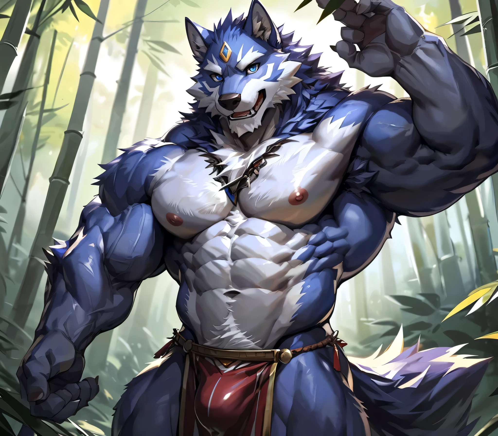 ((best quality)), ((masterpiece)), (ultra detailed), perfect face,(sharp eyes),sharp focus,japanese anime,manga,(by null-ghost,by traver009,by lindong,by pino daeni), (male antro wolf):2.0,((deep indigo fur)), ((white belly)), vertical white on forehead, sharp eye,ultra-detailed eyes, exquisite eyes, ((blue:0.1) eyes), ((long yellow loincloth), with blue pattern):0.8,muscular male,sexy body, reflection, (Great physique),strong arms man,middle-age, strong, (((sfw:1.5))), ((abs, strong muscle, 8 pack)),(bulge), shirtless, claw, pink nipples, white fluffy chest hair, (indigo wolf tail, long fluffy tail), handsome, majestic, Delicate canine teeth, hairy, male, in the bamboo forest,anime, (full body view), anime