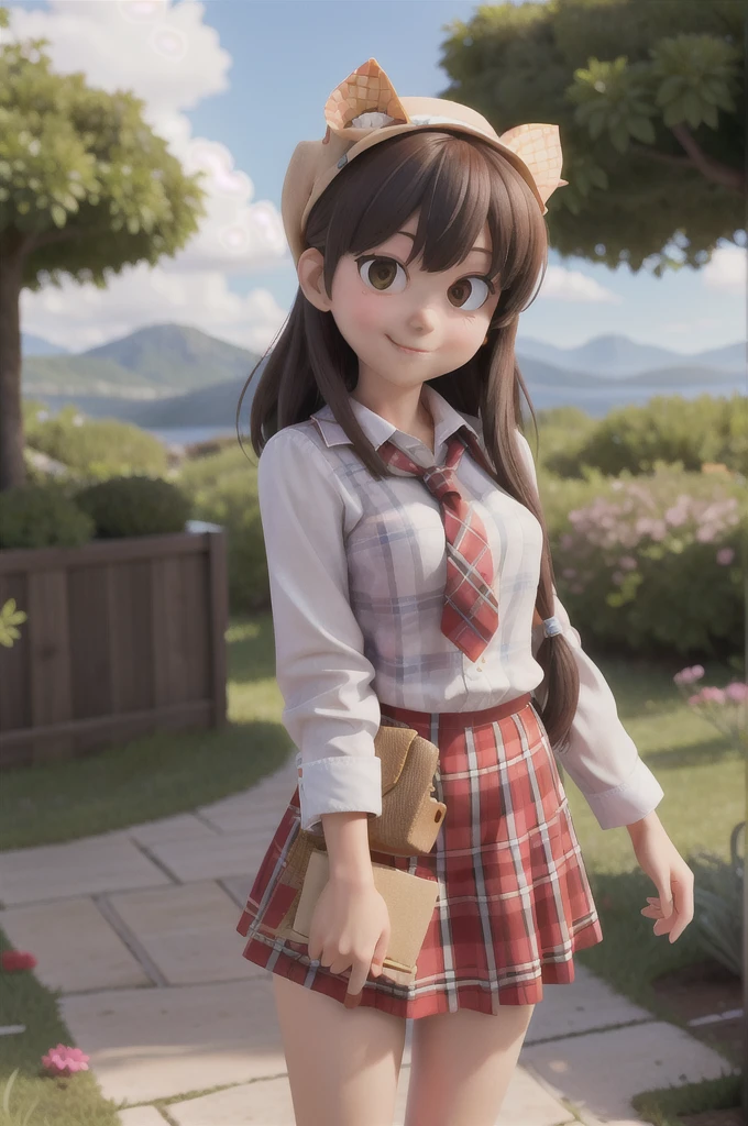 masterpiece, high quality best quality,1girl, bangs, beach, blue_sky, blush, bow, breasts, checkered, checkered_shirt, checkered_skirt, cloud, cloudy_sky, collarbone, day, envelope, giving, grass, hair_bow, heart, holding, holding_letter, horizon, incoming_gift, kazami_yuuka, leaning_forward, lens_flare, letter, light_rays, long_hair, looking_at_viewer, love_letter, mountain, mountainous_horizon, ocean, outdoors, plaid, plaid_background, plaid_bikini, plaid_bow, plaid_bowtie, plaid_bra, plaid_dress, plaid_headwear, plaid_jacket, plaid_legwear, plaid_necktie, plaid_neckwear, plaid_panties, plaid_pants, plaid_ribbon, plaid_scarf, plaid_shirt, plaid_skirt, plaid_vest, pov, shirt, skirt, sky, smile, solo, sun, sunbeam, sunlight, tree, unmoving_pattern