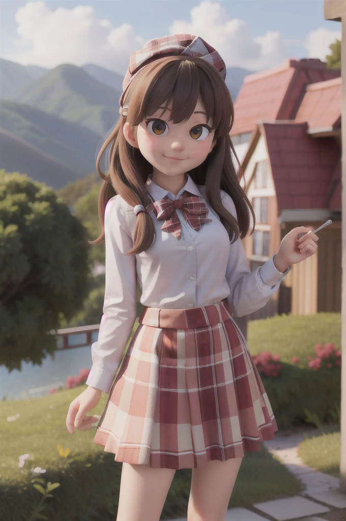masterpiece, high quality best quality,1girl, bangs, beach, blue_sky, blush, bow, breasts, checkered, checkered_shirt, checkered_skirt, cloud, cloudy_sky, collarbone, day, envelope, giving, grass, hair_bow, heart, holding, holding_letter, horizon, incoming_gift, kazami_yuuka, leaning_forward, lens_flare, letter, light_rays, long_hair, looking_at_viewer, love_letter, mountain, mountainous_horizon, ocean, outdoors, plaid, plaid_background, plaid_bikini, plaid_bow, plaid_bowtie, plaid_bra, plaid_dress, plaid_headwear, plaid_jacket, plaid_legwear, plaid_necktie, plaid_neckwear, plaid_panties, plaid_pants, plaid_ribbon, plaid_scarf, plaid_shirt, plaid_skirt, plaid_vest, pov, shirt, skirt, sky, smile, solo, sun, sunbeam, sunlight, tree, unmoving_pattern