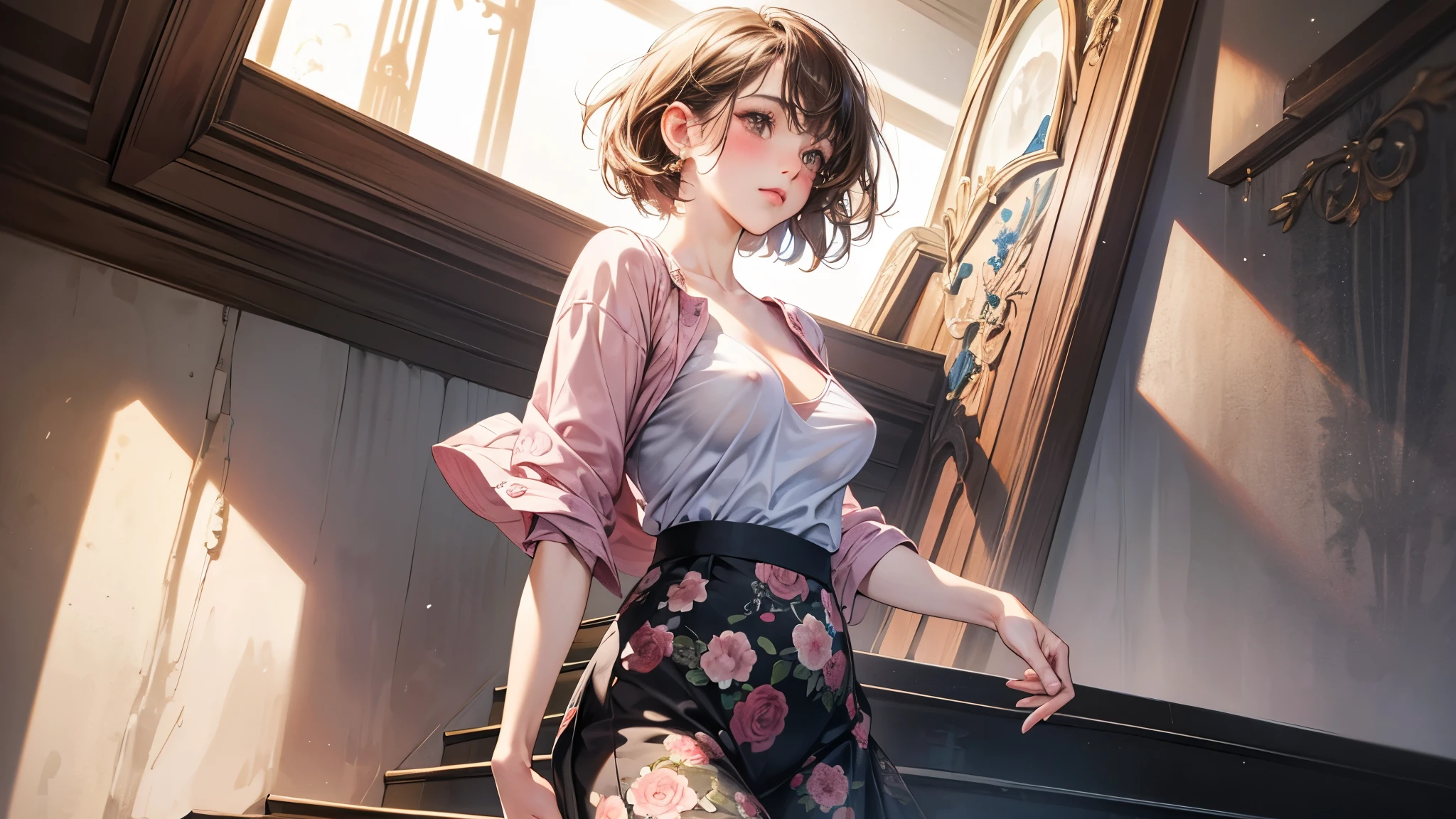 One Woman, alone, I could see the whole body、 ((short hair)), ((Brown eyes, Beautiful eyelashes, Realistic eyes)), ((Detailed face, blush:1.2)), ((Smooth texture:0.75, Realistic texture:0.65, Realistic:1.1, Anime CG Style)), ((Glamorous Body)),((Beautiful breasts)), Dynamic Angle, Perfect body,(Hotel stairs)、Glamorous expression、I can see her panties peeking out in front of me.., Angle looking up from the top of the stairs、 (((The wind blew up her skirt、Your pants are completely visible..、Pink floral panties)))、((masterpiece, Highest quality, High resolution, Pixel perfect, 8K,))), Ultra HD、super high quality、Nude drawing model、Beautiful nipples、Breast size is C cup、１７Year old girl