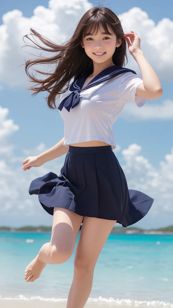 1girl,(((Okinawa ocean)))、(((White sand beaches in Okinawa)))、(((Just join your hands and pray)))、(((Mysterious look)))、8k UHD、Digital single-lens reflex camera、High resolution、Shallow depth of field、Natural light、(((Sailor suit)))、(((navy blue super mini skirt)))、(((A sparkling, charming smile)))、(((Full body photography)) )、Small person、(((Young face)))、1 Japanese female、;beautiful girl、(Black Hair)、A strong wind blows up my skirt、(((Brown eyes)))、Glowing Skin、Smooth Thinning Hair、Long Hair、Detailed background、Detailed eyes and face、Clear Eyes、Cute smile、Calm atmosphere、(((stage)))、(((Small breasts)))、(((Beautiful Eyes)))、Flat chest、Children、(((Toned thighs))) 、(((Angle from below) ))、(((Fine lips)))、(((Skirt fluttering)))、Shining beautiful legs、( Skirt fluttering violently in the strong wind :1.4), (hair blowing in the strong wind:1.4), (leaning forward)、barefoot、barefoot、((((A skirt flipped up by a strong wind))))