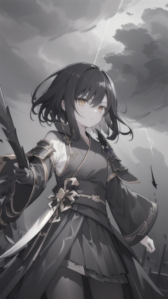 (dark hair,short black hair),(golden eyes),(black hanfu,black armor),(ink black longsword),(ravens),(high contrast,monochrome,black and white),(mystery,ominous),(stormy atmosphere,thunderstorm),(dramatic lighting),(detailed textures),(dynamic pose),(dark background)